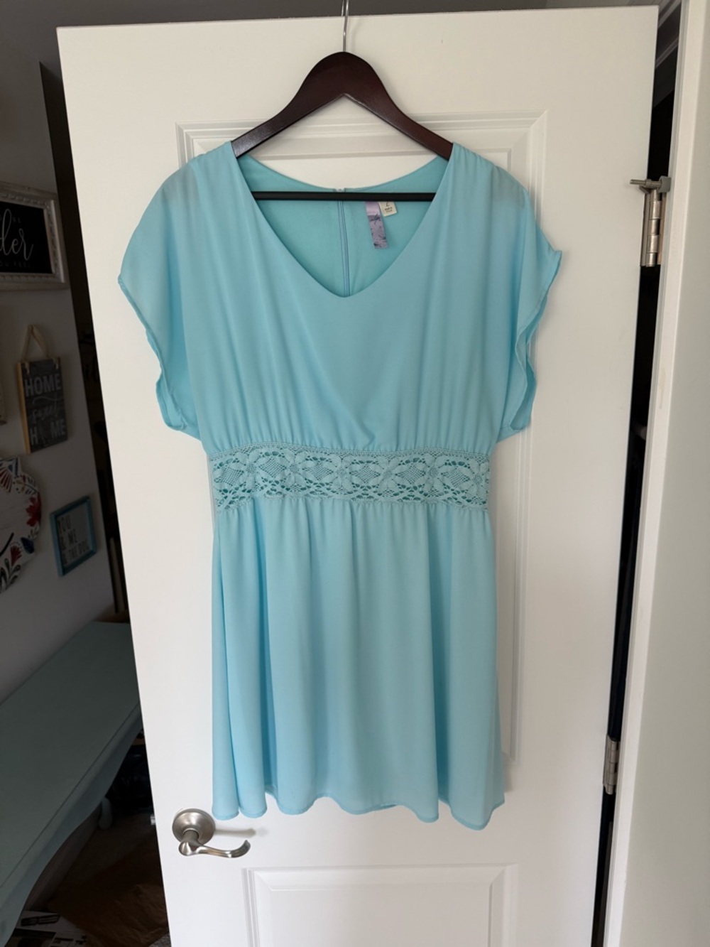 Francesca’s Boutique Alya Baby Blue Boho Chic Dress with Crochet/Lace Detail